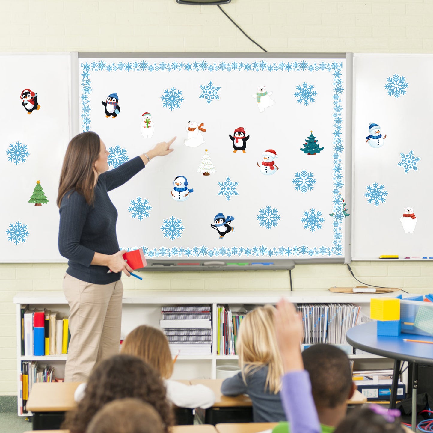 67Pcs Winter Classroom Bulletin Board Decorations Winter Xmas Tree Snowman Penguin Bear Snowflake Border Cut Outs for School Classroom Office Party Wall Window Decor, Welcome Winter Christmas Gifts