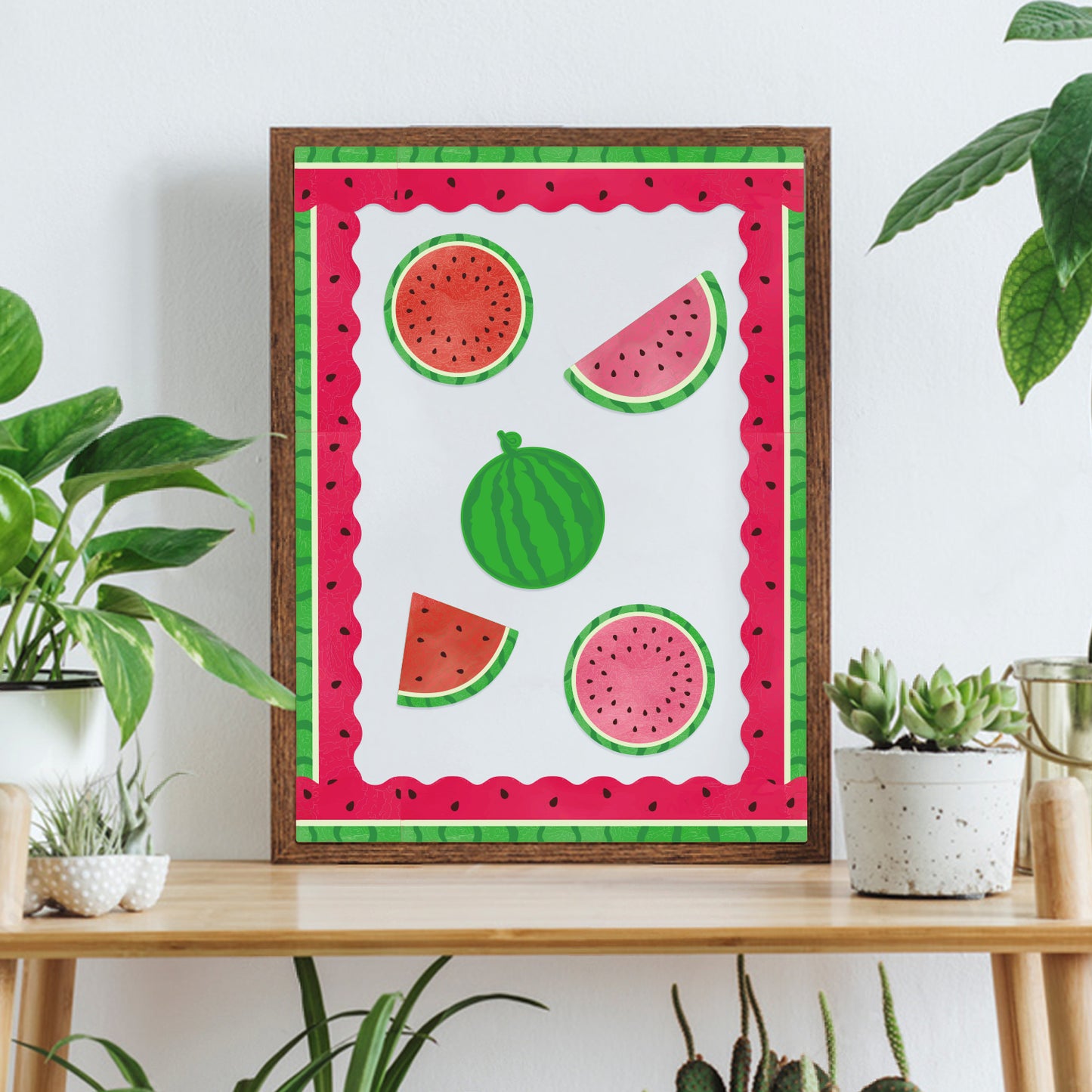 111Pcs Summer Watermelon Fruit Bulletin Board Decoration Cutouts Set Contain Cut Watermelon, Complete Watermelon, Barrel, Border and Words with "We Are One In A Melon" For Summer Holiday Classroom or Home Decoration