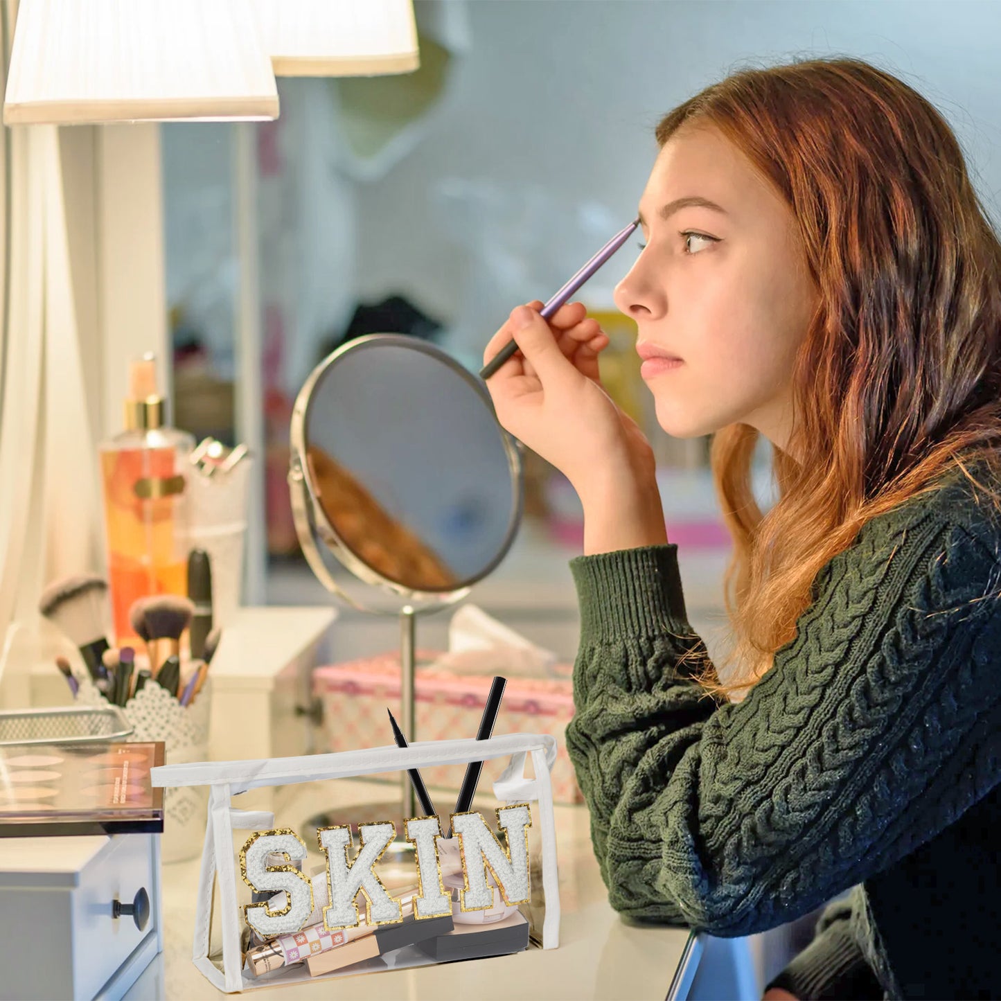 Preppy Patch SKIN Bag Varsity Letter Cosmetic Toiletry Bag Aesthetic Waterproof Portable Cosmetic Bag Daily Use Clutch Purse Transparent PVC Zipper Care Bag Travel Party Makeup Bag for Women Girls