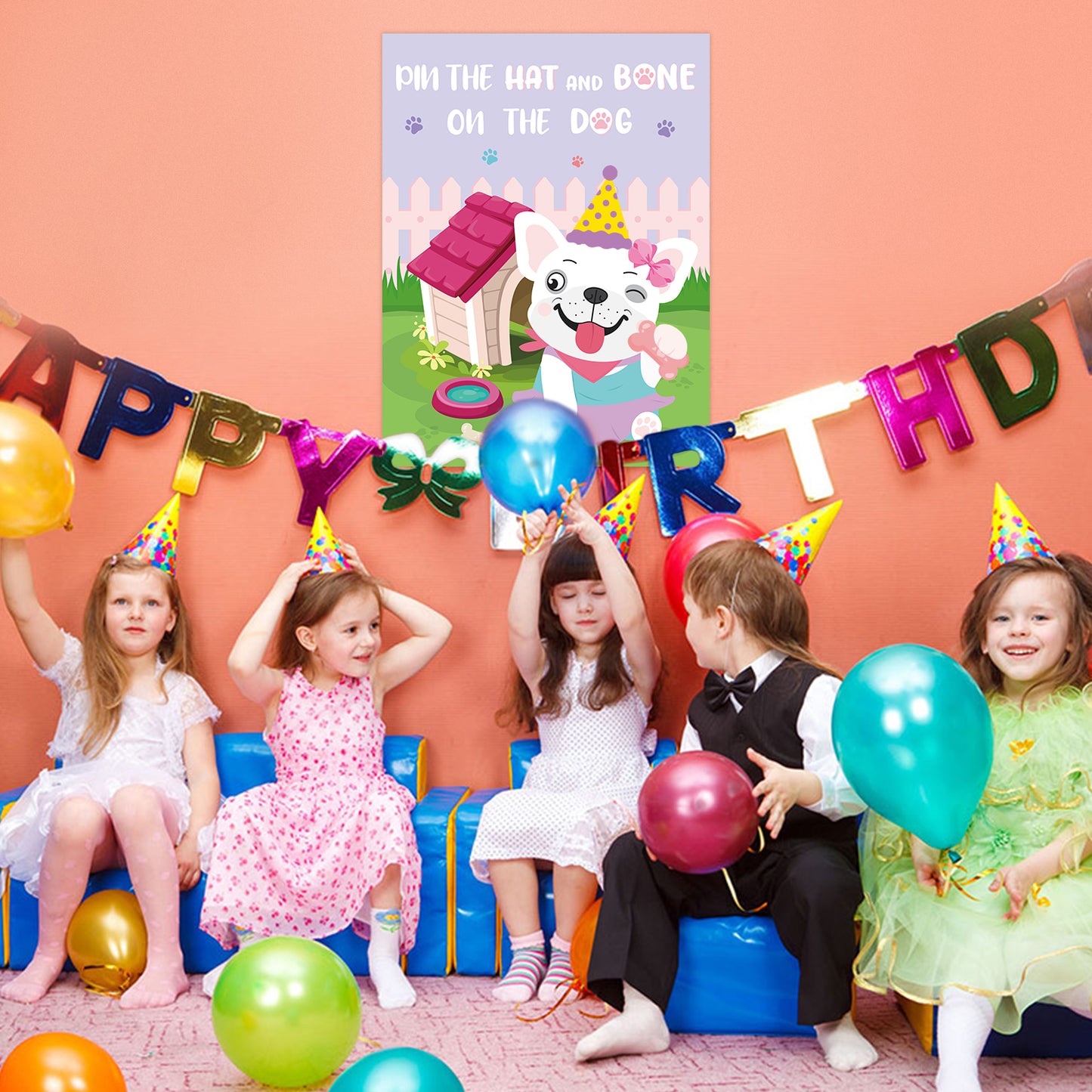 Pink Dog Pin the Hat and Bone On The Dog Party Games Supplies Dog Birthday Party Poster Games for Girl and Kids Animal Theme Christmas Party Favor (Includes 2 Blindfolds)